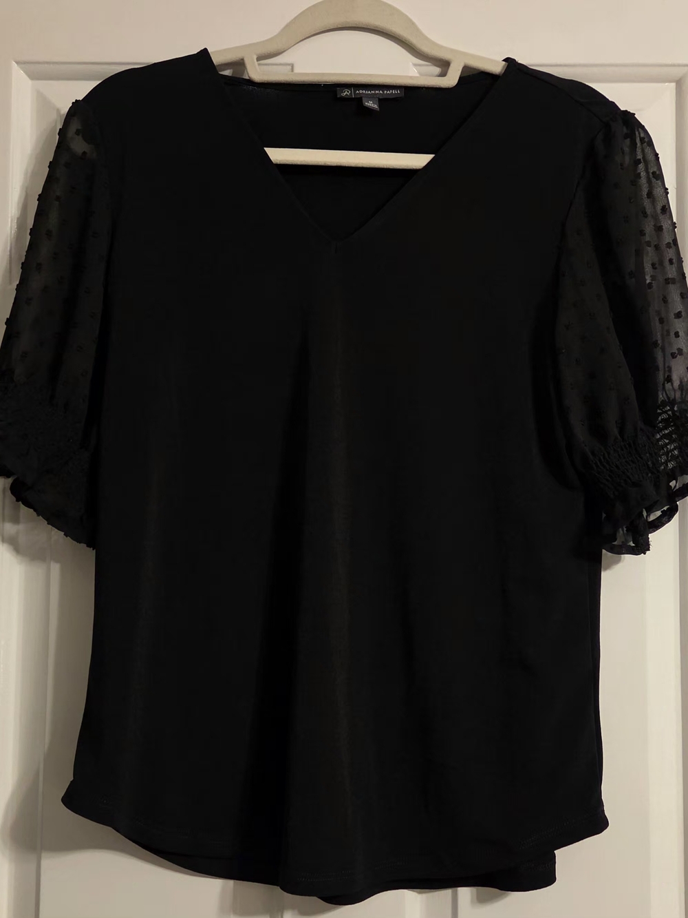 Adrianna Papell Black Swiss Dot Chiffon Sleeve V-Neck Blouse Size Medium